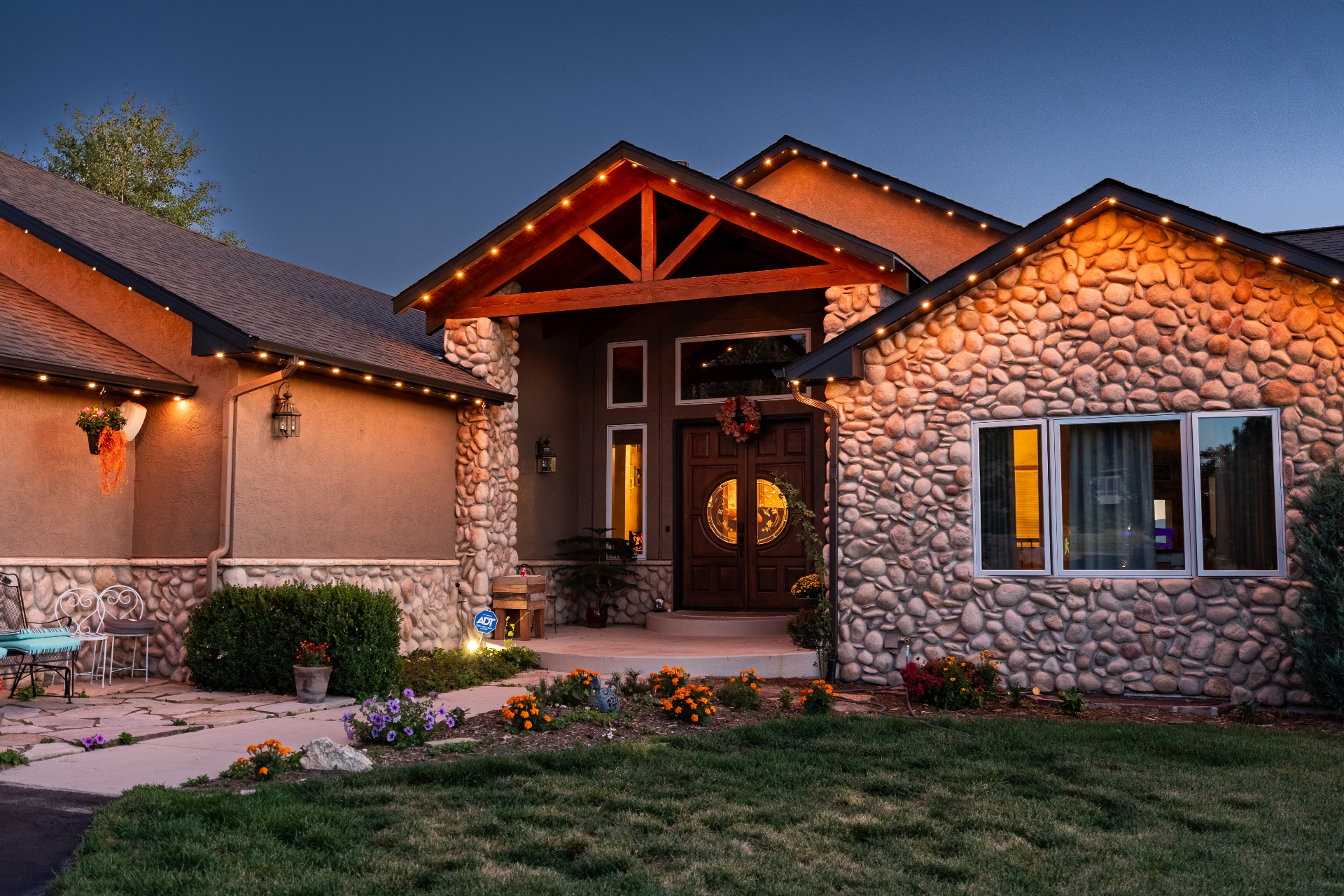 Detail of permanent LED lighting under home eaves